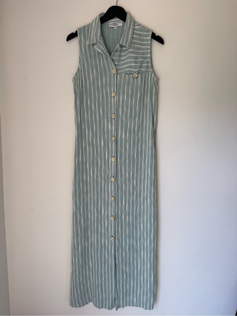 Cynthia Max Relax Linen Blend 2 Piece Maxi Dress Set Blue Cream Stripe M